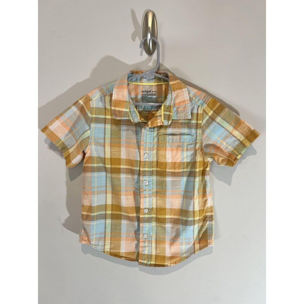 Cat and Jack Boys Orange and Blue Plaid Casual Button Down Shirt Size XS 4/5